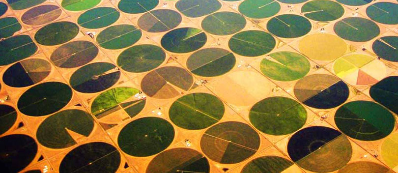 Crop circles in a valley.