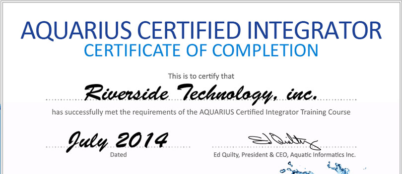 AQUARIUS Certified Integrator certificate of completion.