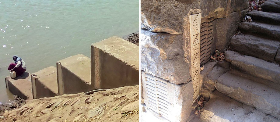 On the left, a modern staff gauge structure on the Nile (photo credit Mansour Mordos) and on the right the ancient nilometer at Elephantine Island.