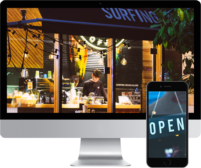 Iphone with Open Sign. Computer Screen Monitor with Coffee Shop Displayed.