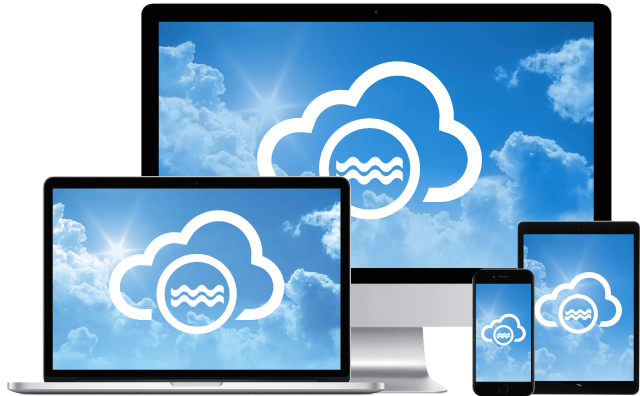 AQUARIUS Cloud software screenshots on computers and mobile screens.