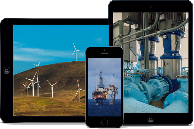 Tablets Displaying Machinery, Windmills. Iphone Displaying Oil Rig.
