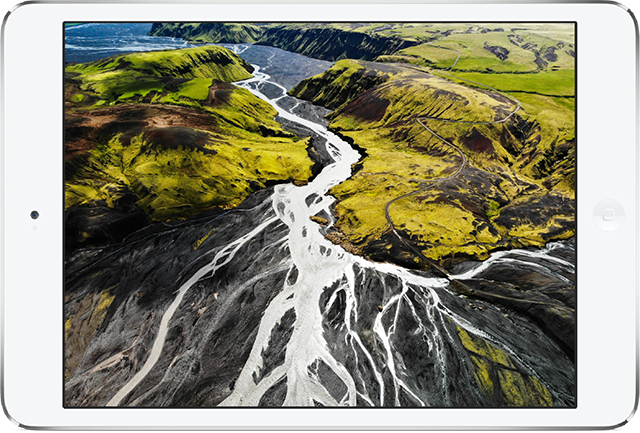 Tablet Displaying a Large Waterway Surrounded by Hills.