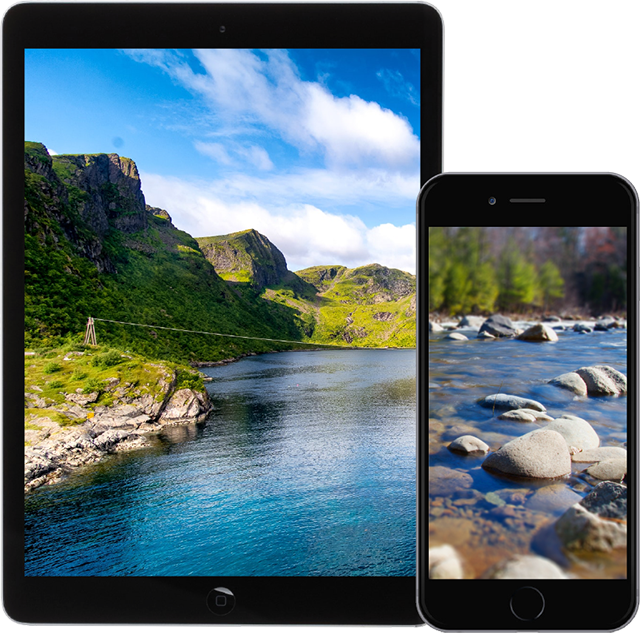 Tablet Displaying a River with Cliffs at the Edge, Iphone Displaying Calm Stream with Stones.
