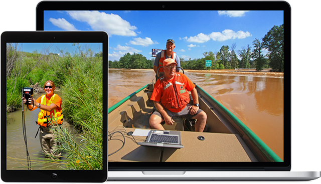 Laptop Displaying Scientists in a Boat on a River, Tablet Displaying Scientist in Stream Taking Measurements.