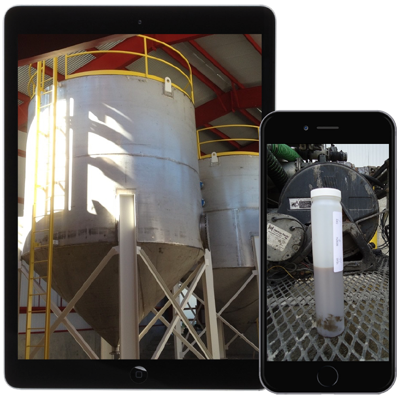 A tablet and mobile phone with photos of grease tank and a grease measuring device.