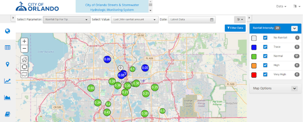 AQUARIUS WebPortal screenshot displaying how City of Orlandovisualizes rainfall intensities on a map which helps crews with maintenance checks for flooding, and gives residents insight on areas to avoid during these events.